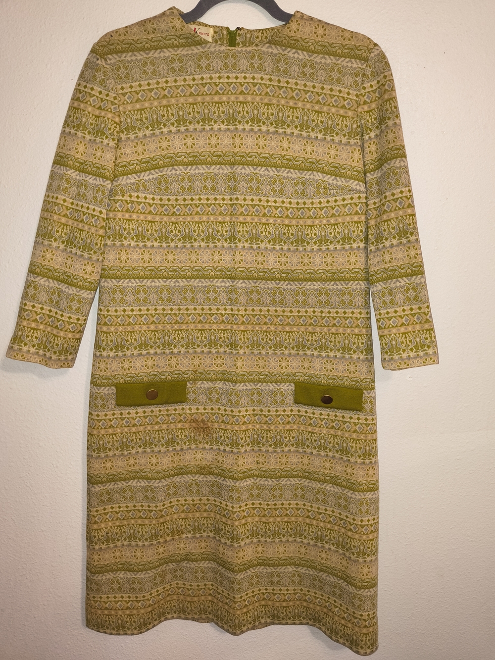Vintage 60s 70s R&K Knits Mod Dress Green Geometric Knit Long Sleeve Size M
